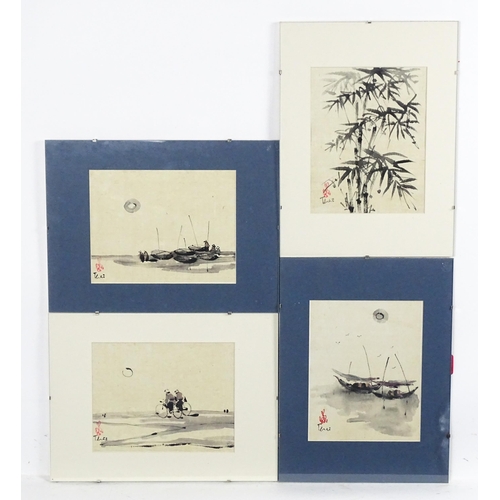 2041 - South Asian School, Ink and wash, Four studies to include bamboo, two figures cycling and boat scene... 