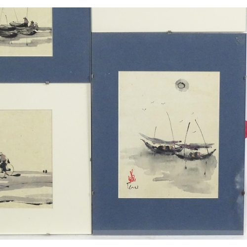 2041 - South Asian School, Ink and wash, Four studies to include bamboo, two figures cycling and boat scene... 