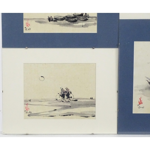 2041 - South Asian School, Ink and wash, Four studies to include bamboo, two figures cycling and boat scene... 