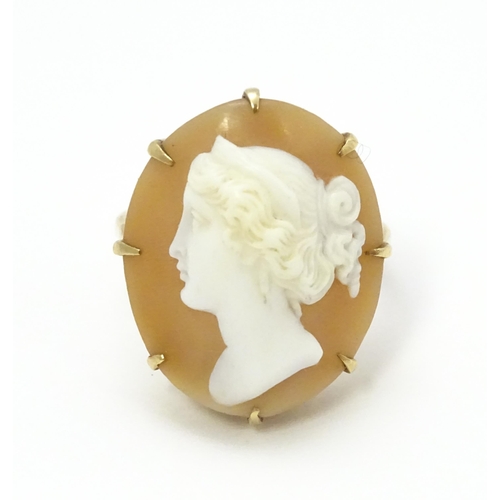 698 - A 9ct gold ring set set with central shell carved cameo. Ring size approx O