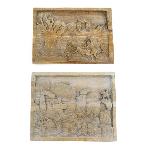 1138 - Ethnographic / Native / Tribal: Two carved wooden tableaux / plaques, one depicting monkeys in a roc... 