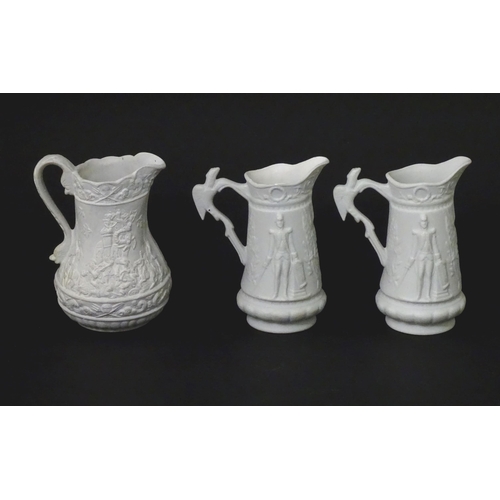 330 - Three Portmeirion Parian ware jugs with relief detail. Largest approx. 4 1/2