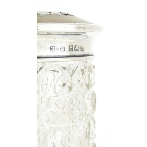 432 - A dressing table bottle / jar with silver and tortoiseshell lid hallmarked Birmingham 1924. Approx 2... 