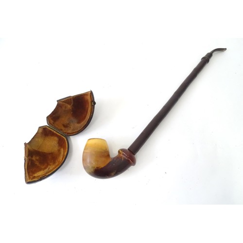 535 - A large 19thC Gesteckpfeife Tyrolean / Cavalier smoking pipe, with meerschaum bowl, hazel shank and ... 