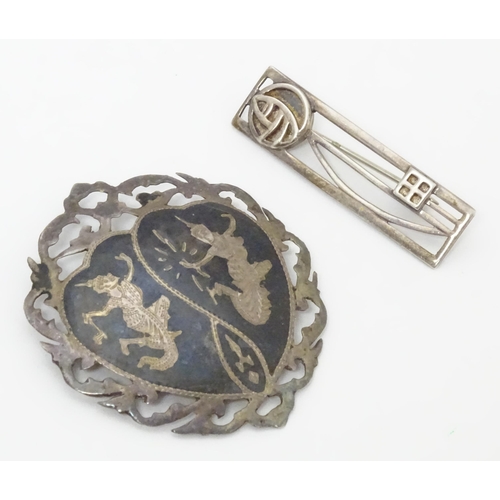 567 - A silver brooch inspired by the designs of Charles Rennie Macintosh, together with a brooch marked S... 