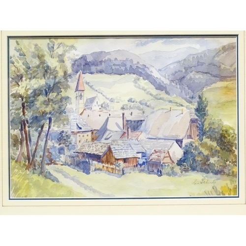 582 - Schulz, 20th century, Watercolour, In Gratitude, A landscape scene depicting a village with a church... 