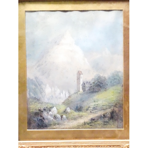 583 - Late 19th century, Watercolour, An Alpine landscape with a church bell tower. Approx. 18