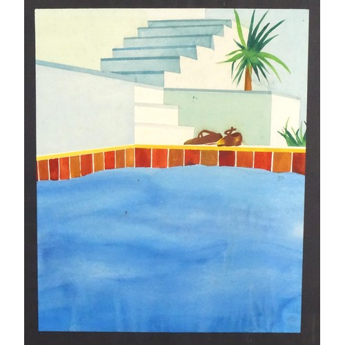 625 - After David Hockney (b. 1937), Watercolour, Palm Pool and Steps at  Le Nid du Duc, France. Approx. 1... 