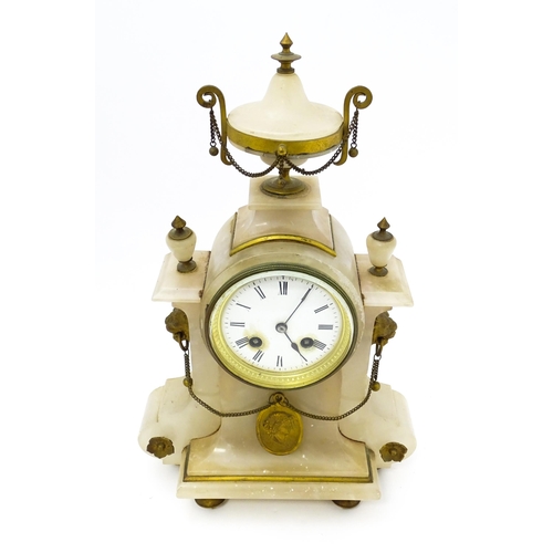 685 - A late 19thC French alabaster mantle clock by Japy Freres et Cie the case decorated with lion mask, ... 