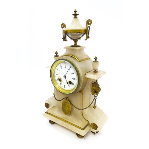 685 - A late 19thC French alabaster mantle clock by Japy Freres et Cie the case decorated with lion mask, ... 