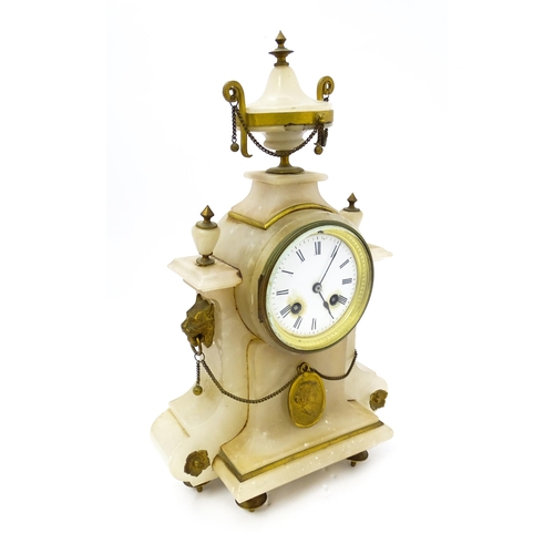 685 - A late 19thC French alabaster mantle clock by Japy Freres et Cie the case decorated with lion mask, ... 