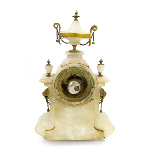 685 - A late 19thC French alabaster mantle clock by Japy Freres et Cie the case decorated with lion mask, ... 