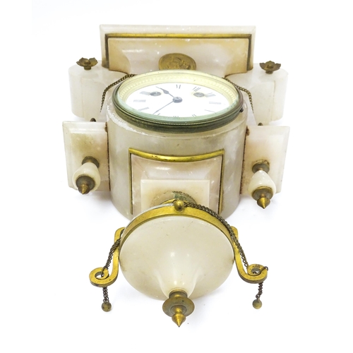 685 - A late 19thC French alabaster mantle clock by Japy Freres et Cie the case decorated with lion mask, ... 