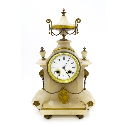 685 - A late 19thC French alabaster mantle clock by Japy Freres et Cie the case decorated with lion mask, ... 