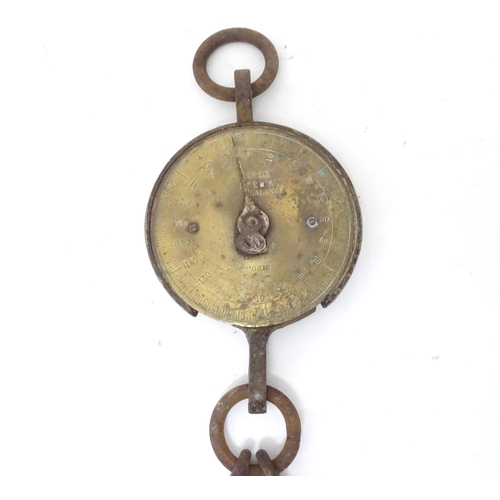 703 - An early 20thC Salter's Class III spring balance (hanging scales), with brass dial, loop and two hoo... 