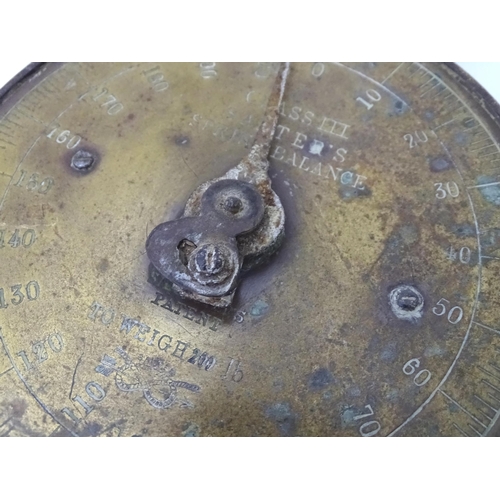 703 - An early 20thC Salter's Class III spring balance (hanging scales), with brass dial, loop and two hoo... 