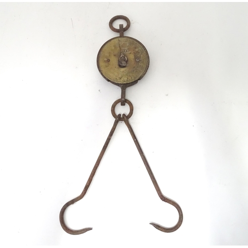 703 - An early 20thC Salter's Class III spring balance (hanging scales), with brass dial, loop and two hoo... 