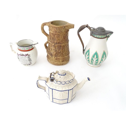 787 - Four ceramic items to include a God Speed farming jug, a jug with pewter lid, a white glazed teapot ... 