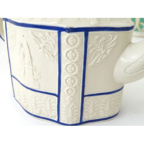 787 - Four ceramic items to include a God Speed farming jug, a jug with pewter lid, a white glazed teapot ... 