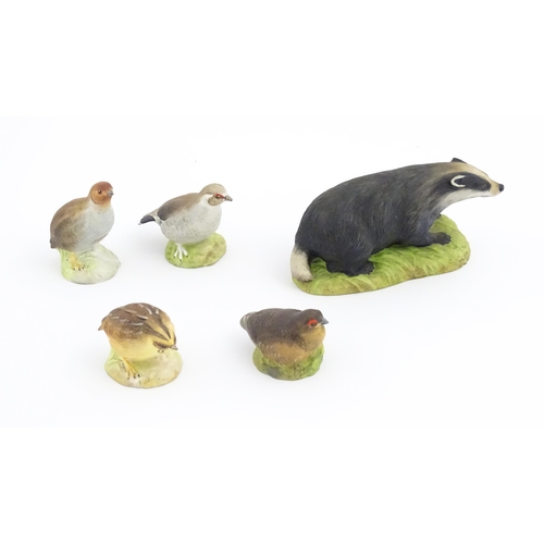 788 - Five Aynsley models of animals comprising Badger, Partridge, Quail, Grouse and Ptarmigan. Badger app... 