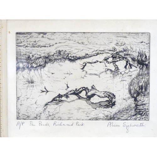 792 - Five assorted prints, engravings and watercolours, to include two etchings by Alison Sigdworth Pen P... 