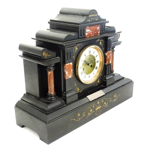 812 - A slate mantle clock with marble detail together with a  bracket clock. Largest approx. 15