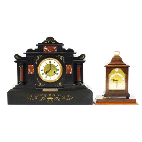 812 - A slate mantle clock with marble detail together with a  bracket clock. Largest approx. 15