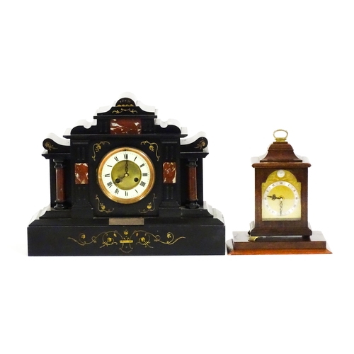 812 - A slate mantle clock with marble detail together with a  bracket clock. Largest approx. 15