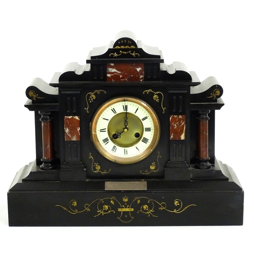 812 - A slate mantle clock with marble detail together with a  bracket clock. Largest approx. 15