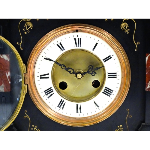 812 - A slate mantle clock with marble detail together with a  bracket clock. Largest approx. 15