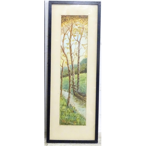 881 - Two watercolours by H. Gene / Gent one depicting a wooded stream, the other depicting figures in a w... 