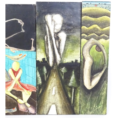 911 - 20th century, Mixed media on paper laid on board, Four Surrealist works to include figures, masks, l... 