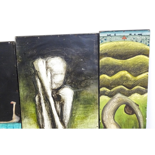 911 - 20th century, Mixed media on paper laid on board, Four Surrealist works to include figures, masks, l... 