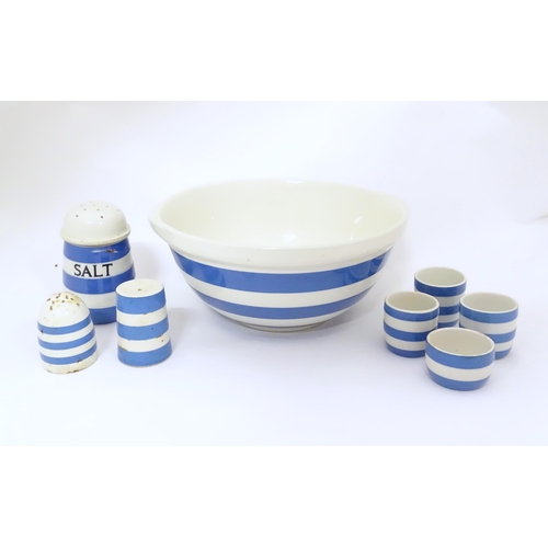 126 - A quantity of TG Green blue and white striped kitchen wares to include mixing bowl, salt and pepper ... 