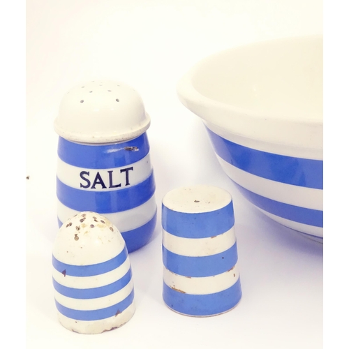 126 - A quantity of TG Green blue and white striped kitchen wares to include mixing bowl, salt and pepper ... 