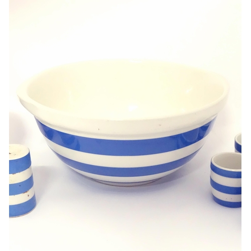 126 - A quantity of TG Green blue and white striped kitchen wares to include mixing bowl, salt and pepper ... 