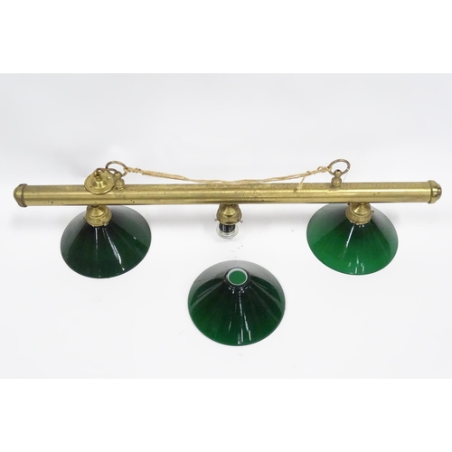 195 - 20thC snooker / billiard table lights, the brass fitting with three downlighters, green & white glas... 