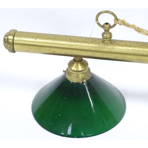 195 - 20thC snooker / billiard table lights, the brass fitting with three downlighters, green & white glas... 