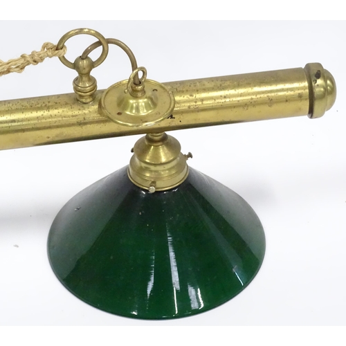 195 - 20thC snooker / billiard table lights, the brass fitting with three downlighters, green & white glas... 