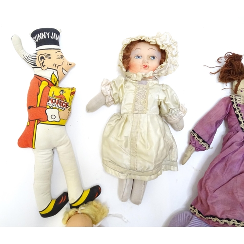 239 - Toys: A quantity of assorted dolls to include a Force Cereal Sunny Jim advertising doll, one with co... 