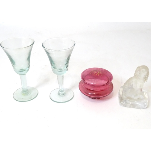 271 - Assorted glassware to include a Murano pot and cover, a glass Goebel model of a dog and two drinking... 