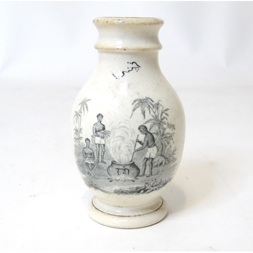 278 - A ceramic Indian Chutney jar decorated with figures packing crates. Approx. 4 3/4