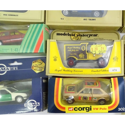 338 - Toys: A quantity of assorted die cast scale model cars / vehicles to include Corgi Toys VW Polo, Fia... 