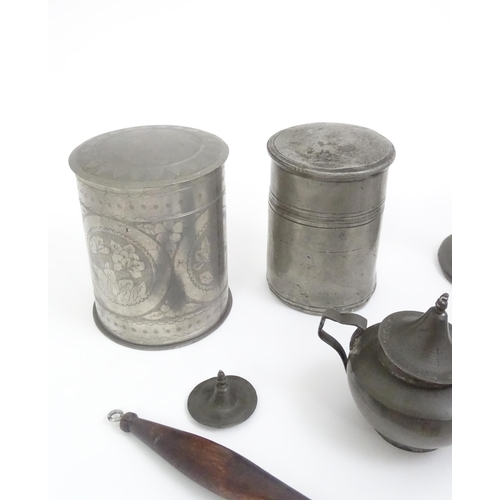 346 - A quantity of pewter items to include a pair of candlesticks, ladle, pot and cover, teapot of small ... 