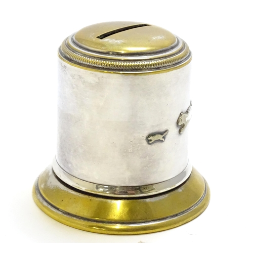 452 - A Danish silver plated money box decorated with cat chasing a mouse