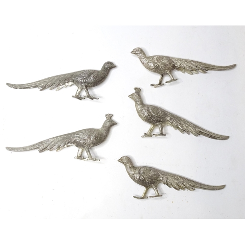 457 - Five silver plate menu / place card holders modelled as pheasants. Approx. 5 1/4