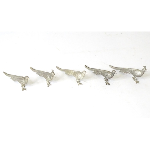 457 - Five silver plate menu / place card holders modelled as pheasants. Approx. 5 1/4