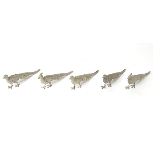 457 - Five silver plate menu / place card holders modelled as pheasants. Approx. 5 1/4