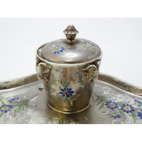 490 - A 20thC cast standish with central inkwell and hand painted bird and flower detail, the inkwell with... 