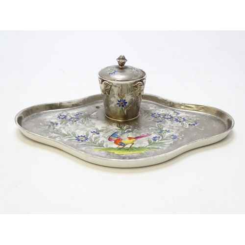 490 - A 20thC cast standish with central inkwell and hand painted bird and flower detail, the inkwell with... 